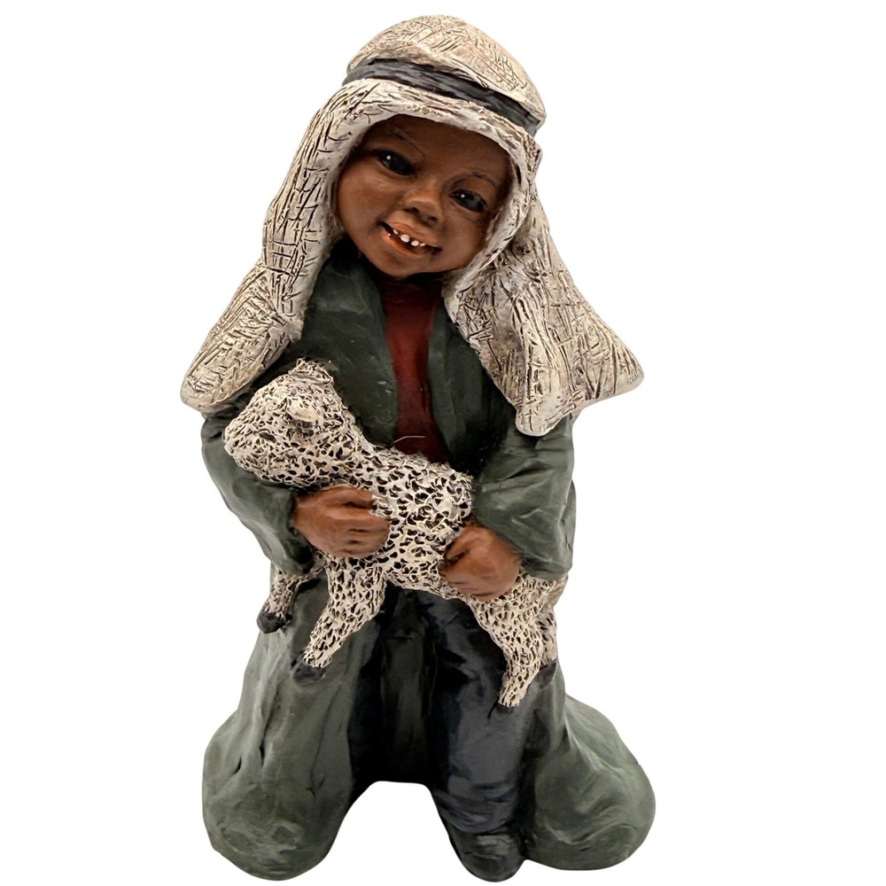 Vintage 1982 M Holcombe God Is Love Shepherd Boy Lamb Figurine Green Resin 5in